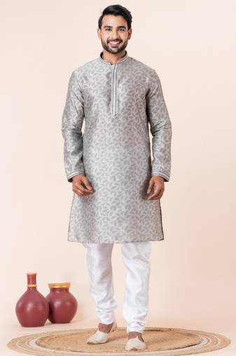 Grey printed dupion silk kurta churidar set for festive, reception, weddings