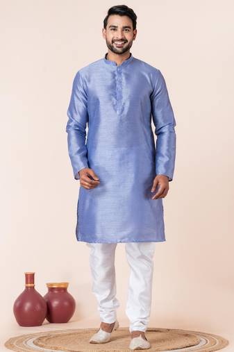 Sky blue plain dupion silk kurta for festive, reception, weddings