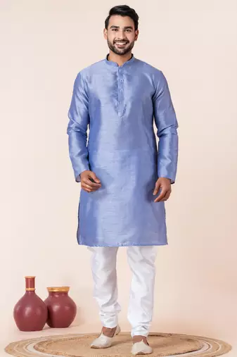 Sky blue plain dupion silk kurta for festive, reception, weddings