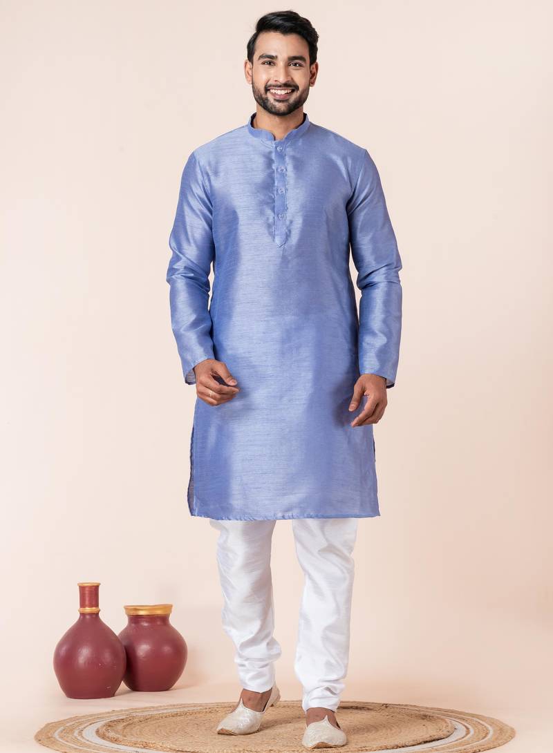 Sky blue plain dupion silk kurta for festive, reception, weddings