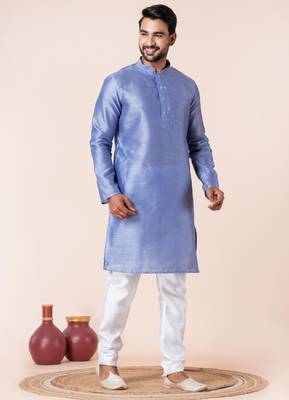 Sky blue plain dupion silk kurta for festive, reception, weddings 2