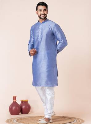 Sky blue plain dupion silk kurta for festive, reception, weddings 3