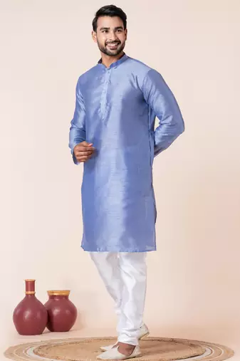 Sky blue plain dupion silk kurta for festive, reception, weddings