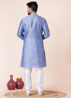Sky blue plain dupion silk kurta for festive, reception, weddings 4
