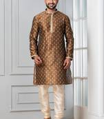 Brown printed dupion silk kurta churidar set for festive, reception, weddings