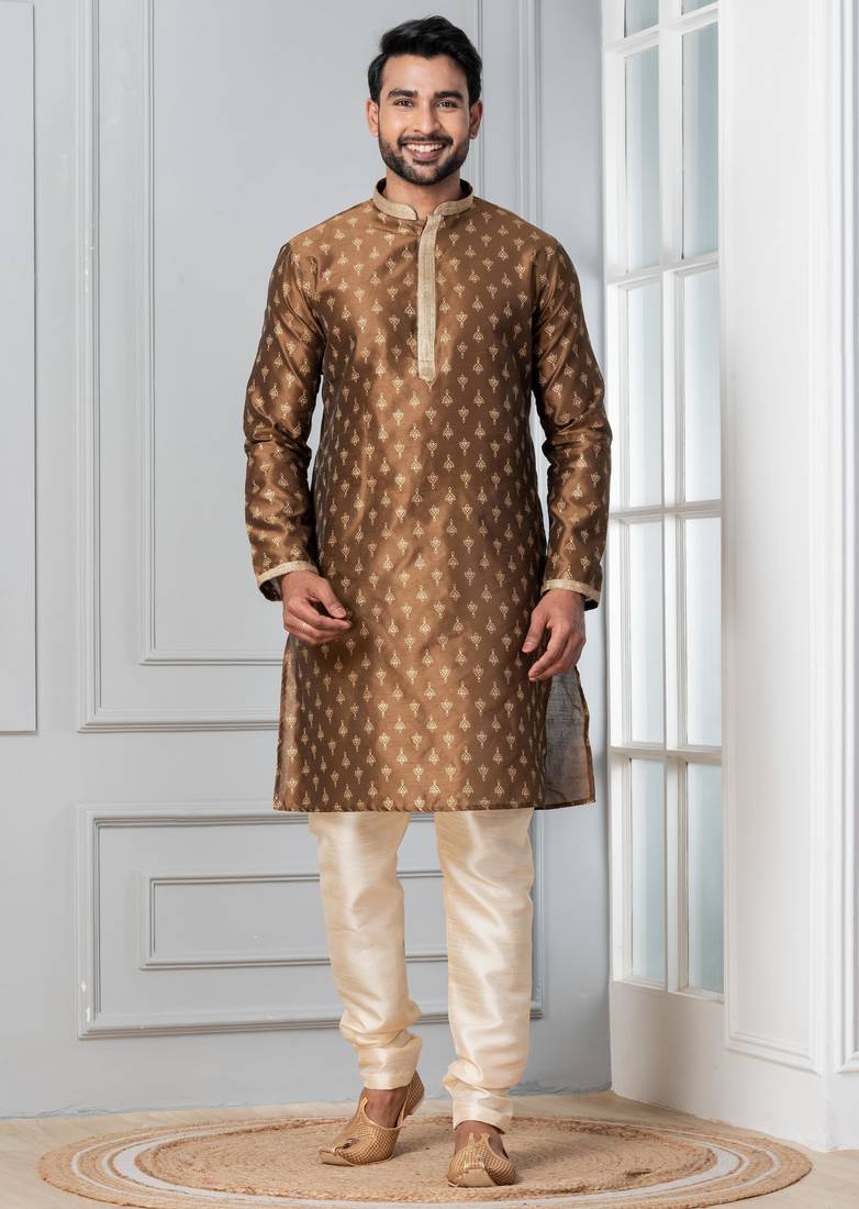Brown printed dupion silk kurta churidar set for festive, reception, weddings
