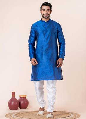 Blue plain dupion silk kurta for festive, reception, weddings 1