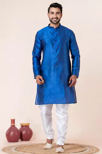 Blue plain dupion silk kurta for festive, reception, weddings
