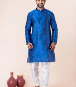 Blue plain dupion silk kurta for festive, reception, weddings