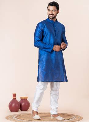 Blue plain dupion silk kurta for festive, reception, weddings 2