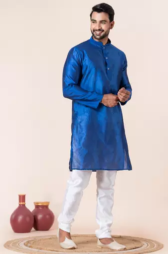 Blue plain dupion silk kurta for festive, reception, weddings