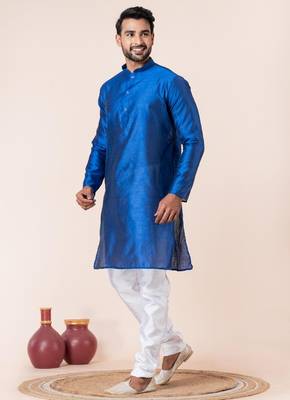 Blue plain dupion silk kurta for festive, reception, weddings 3