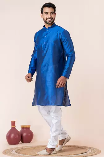 Blue plain dupion silk kurta for festive, reception, weddings