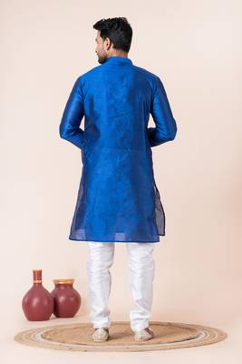 Blue plain dupion silk kurta for festive, reception, weddings 4