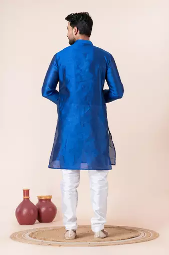 Blue plain dupion silk kurta for festive, reception, weddings