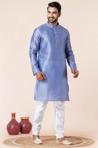 Sky blue plain dupion silk kurta churidar set for festive, reception, weddings