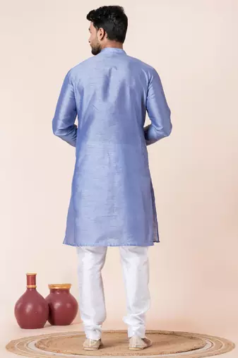 Sky blue plain dupion silk kurta churidar set for festive, reception, weddings