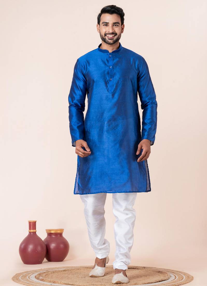 Blue plain dupion silk kurta churidar set for festive, reception, weddings
