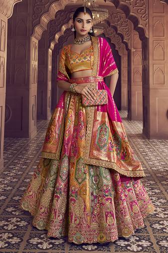 multicolor Banarasi Silk Blend Embroidered Sequin Lehenga set choli dupatta