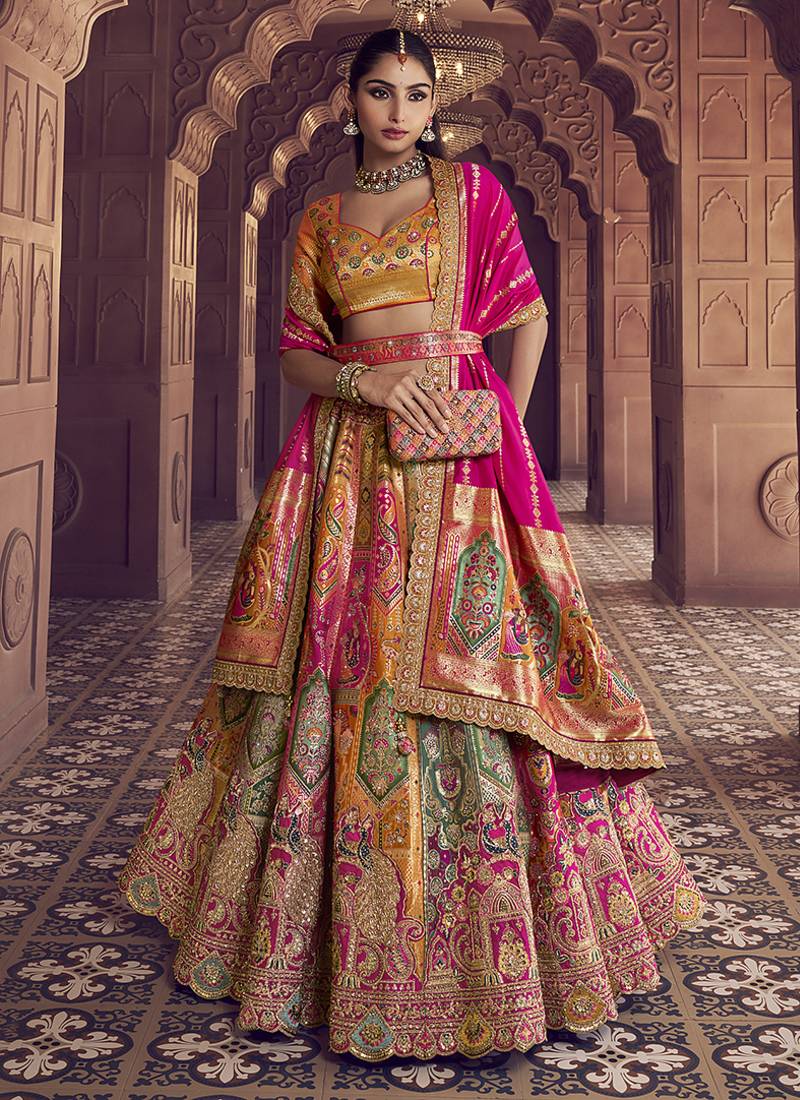 multicolor Banarasi Silk Blend Embroidered Sequin Lehenga set choli dupatta