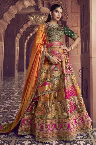 multicolor Banarasi Silk Blend Embroidered Sequin Lehenga set choli dupatta