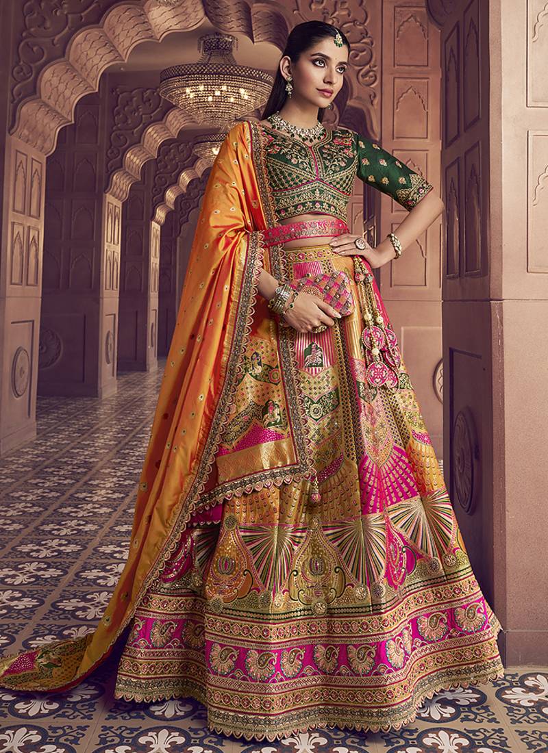 multicolor Banarasi Silk Blend Embroidered Sequin Lehenga set choli dupatta