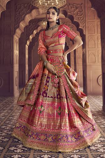 multicolor Banarasi Silk Blend Embroidered Sequin Lehenga set choli dupatta