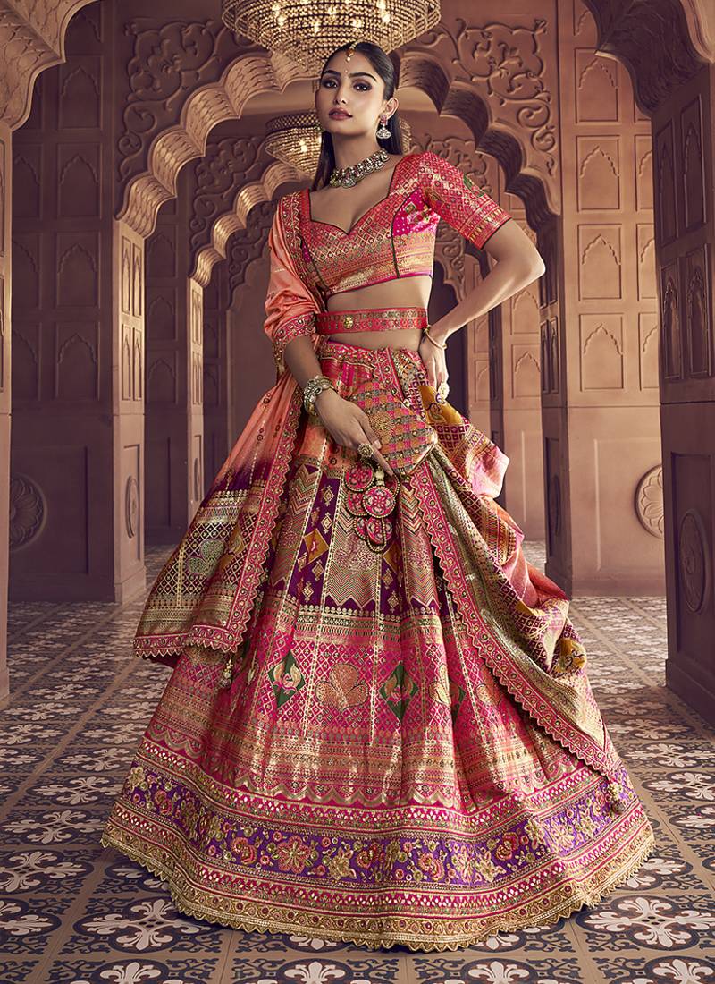 multicolor Banarasi Silk Blend Embroidered Sequin Lehenga set choli dupatta
