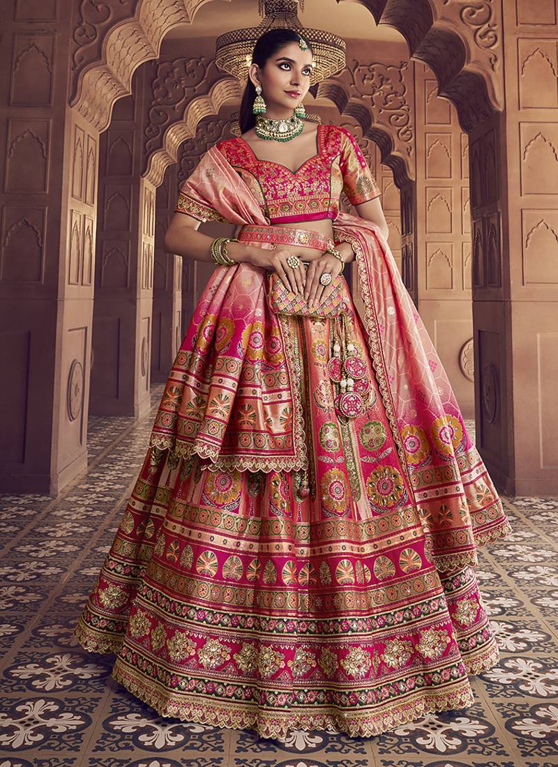 multicolor Banarasi Silk Blend Embroidered Sequin Lehenga set choli dupatta