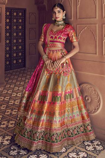 multicolor Banarasi Silk Blend Embroidered Sequin Lehenga set choli dupatta
