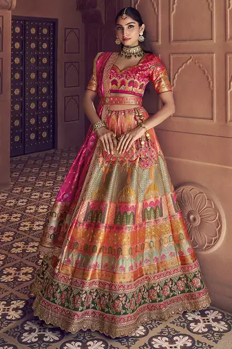 multicolor Banarasi Silk Blend Embroidered Sequin Lehenga set choli dupatta