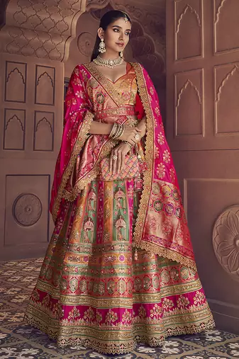 multicolor Banarasi Silk Blend Embroidered Sequin Lehenga set choli dupatta