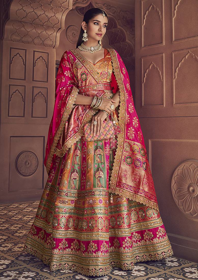 multicolor Banarasi Silk Blend Embroidered Sequin Lehenga set choli dupatta