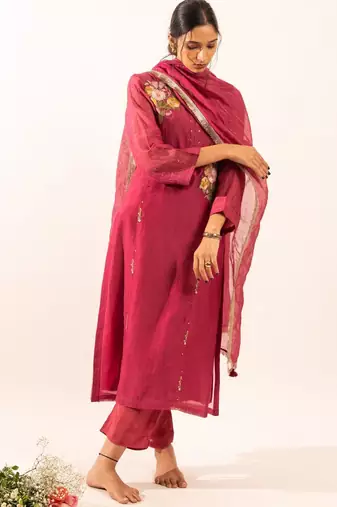 Rani pink twin bouquet suit set with duppata