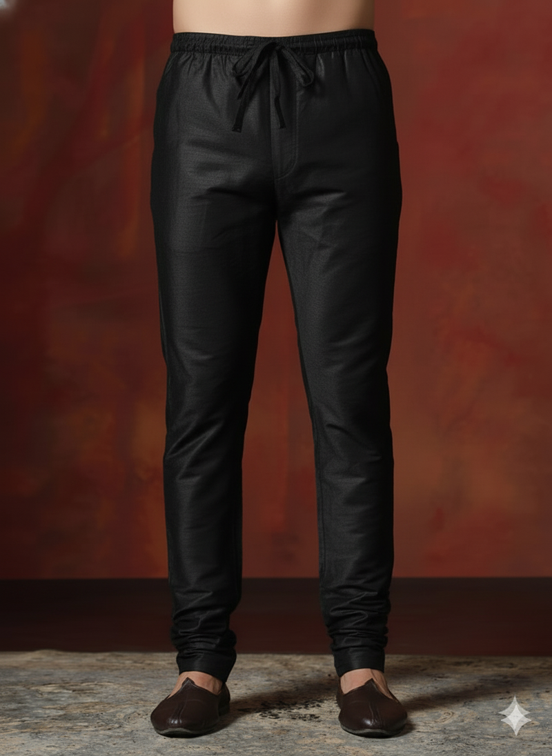 Black plain dupion silk churidar for festive, reception, weddings