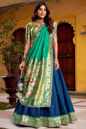 blue zari weaving silk festival lehenga set choli with dupatta