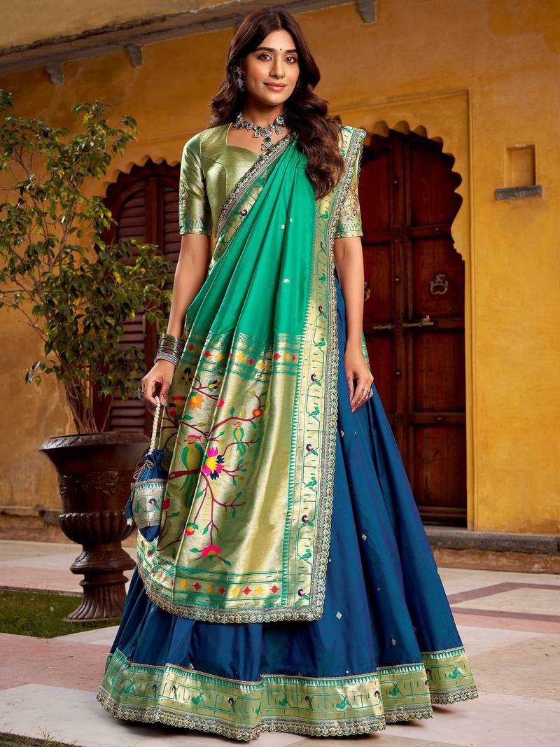 blue zari weaving silk festival lehenga set choli with dupatta