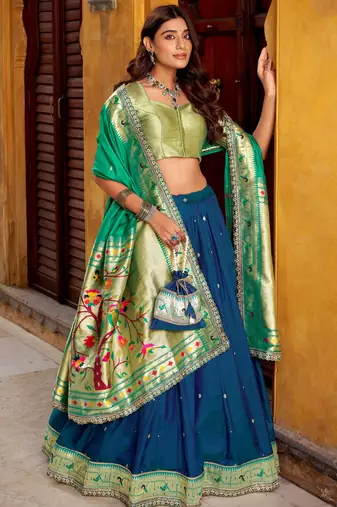 blue zari weaving silk festival lehenga set choli with dupatta