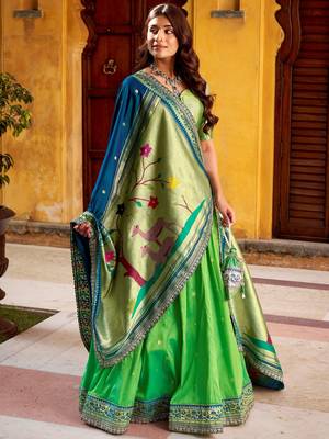 green zari weaving silk lehenga set choli with dupatta 1