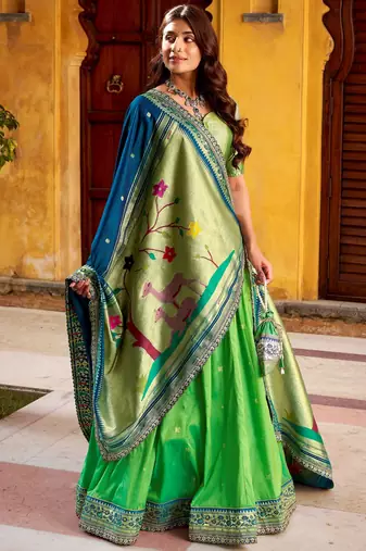 green zari weaving silk lehenga set choli with dupatta