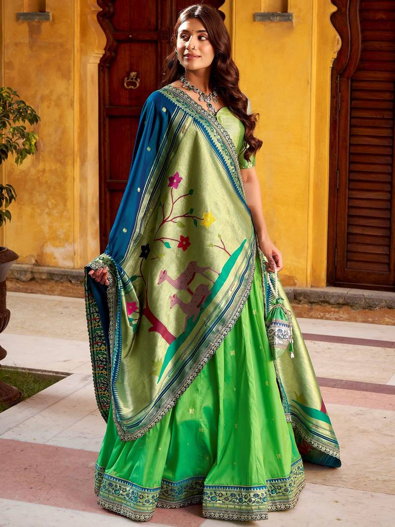 green zari weaving silk lehenga set choli with dupatta