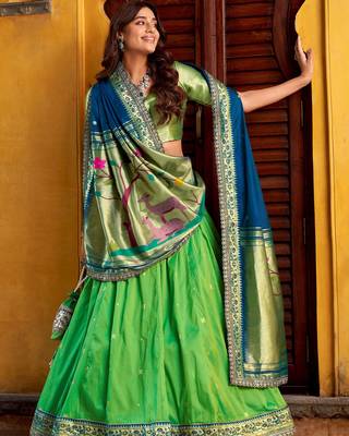 green zari weaving silk lehenga set choli with dupatta 2