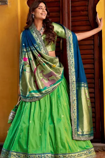 green zari weaving silk lehenga set choli with dupatta
