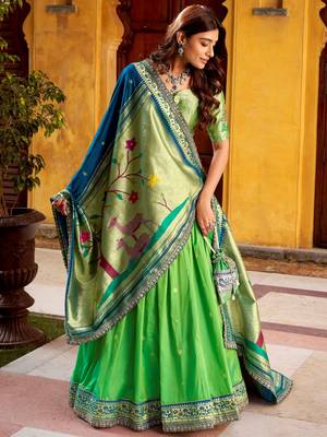 green zari weaving silk lehenga set choli with dupatta 3