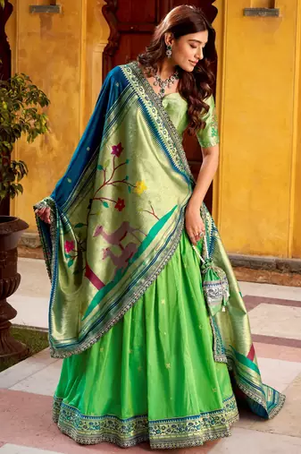 green zari weaving silk lehenga set choli with dupatta