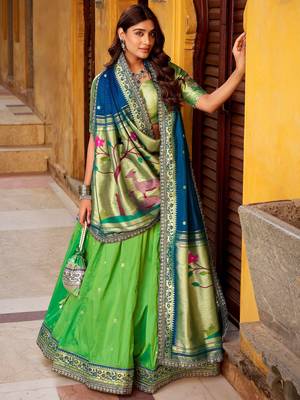 green zari weaving silk lehenga set choli with dupatta 4