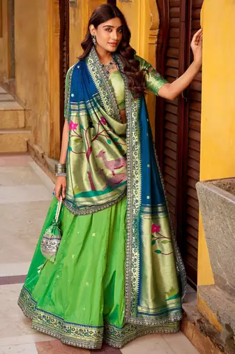 green zari weaving silk lehenga set choli with dupatta