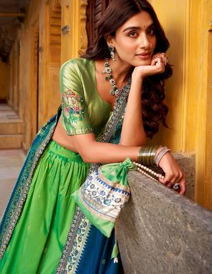green zari weaving silk lehenga set choli with dupatta 5