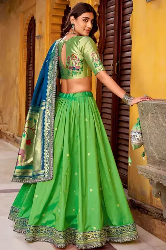 green zari weaving silk lehenga set choli with dupatta