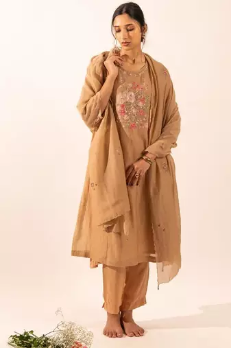 Chiku floral applique chanderi suit set with duppata